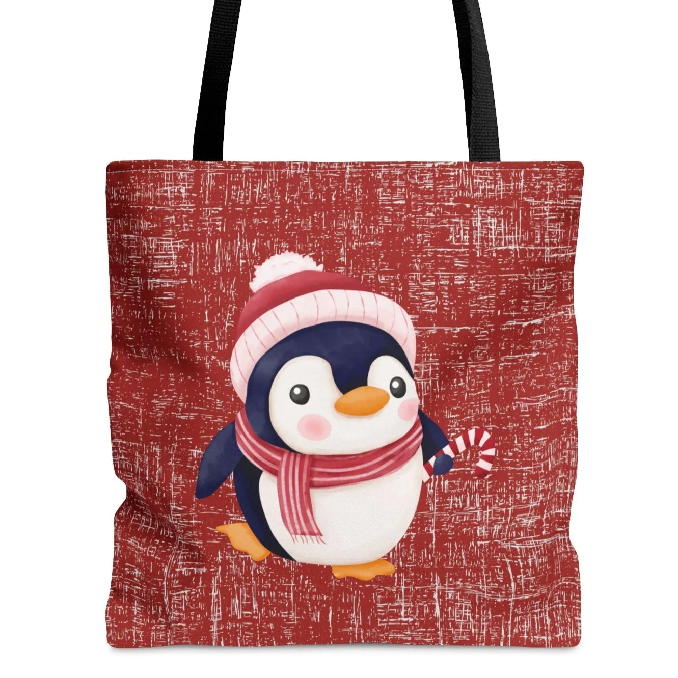 Penguin in Scarf on Red Large Tote Bag: Festive Winter Wildlife Carryall
