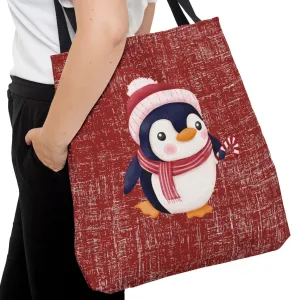 Penguin in Scarf on Red Large Tote Bag: Festive Winter Wildlife Carryall
