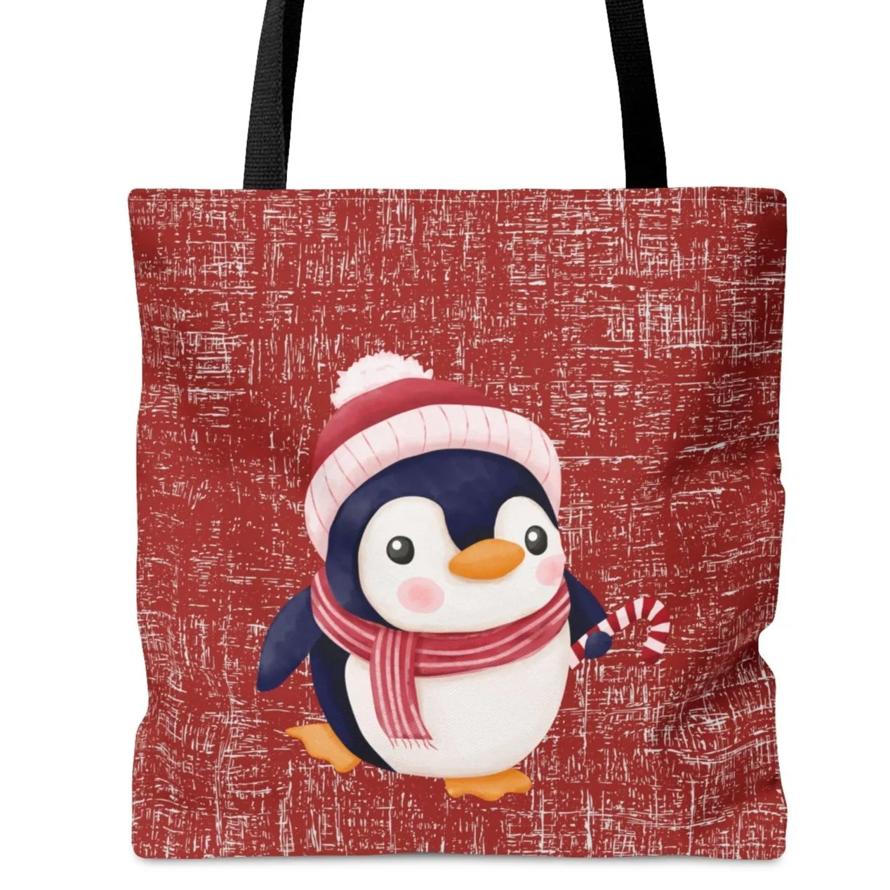 Penguin in Scarf on Red Large Tote Bag: Festive Winter Wildlife Carryall