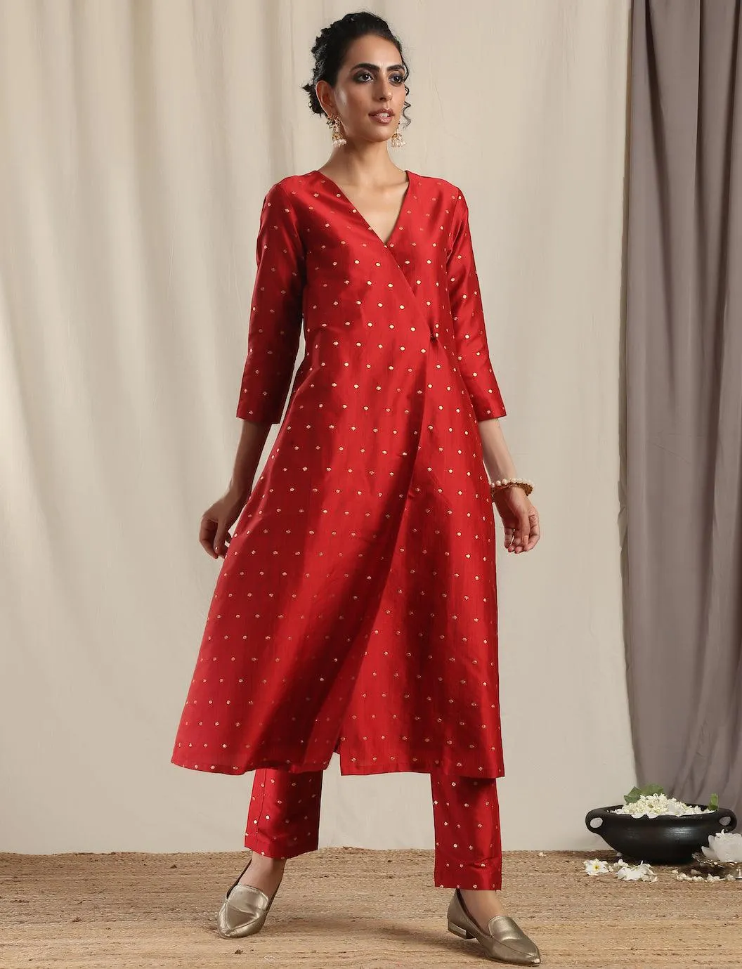 Red Silk Angrakha Kurta Pant Set