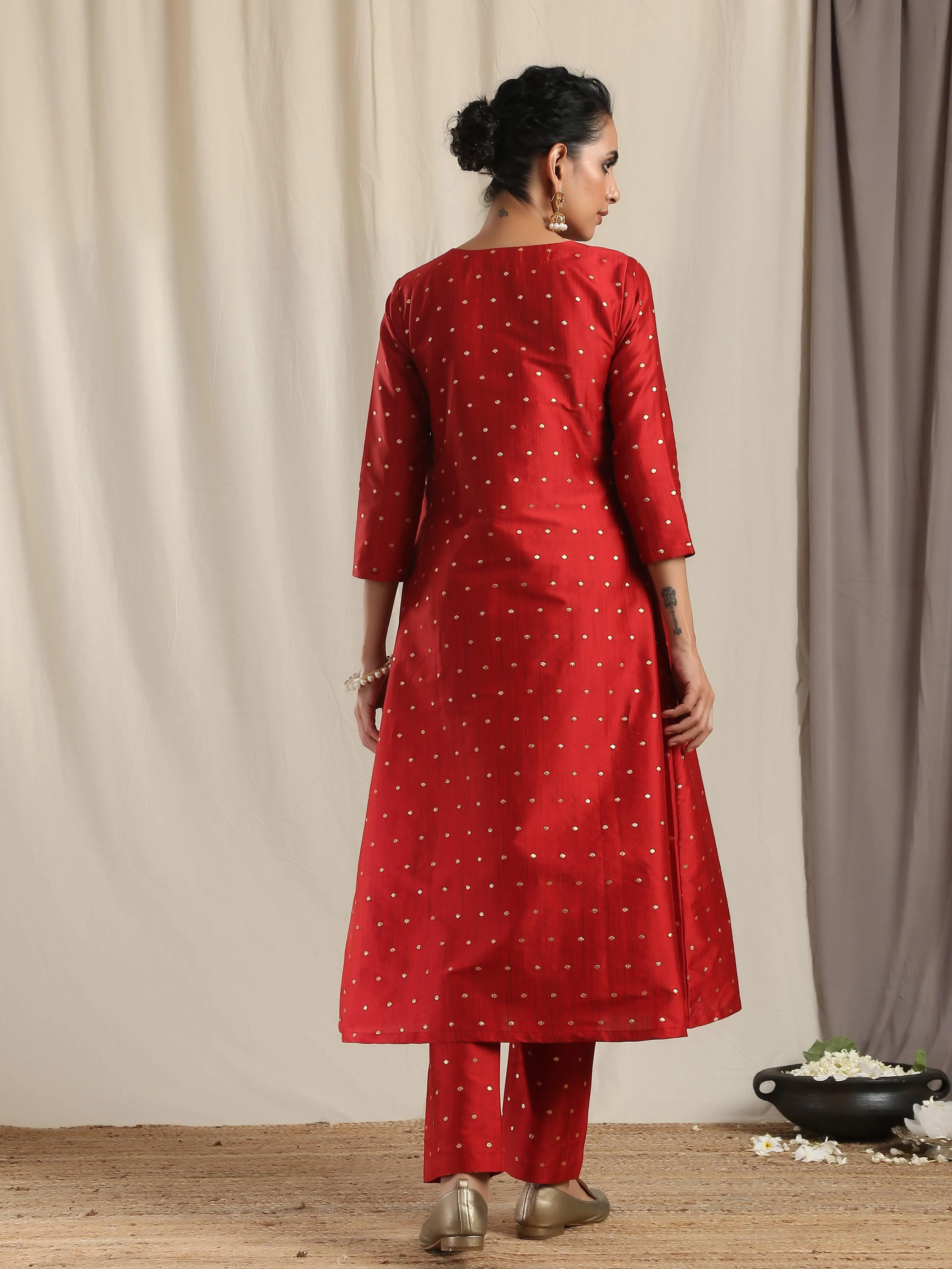 Red Silk Angrakha Kurta Pant Set