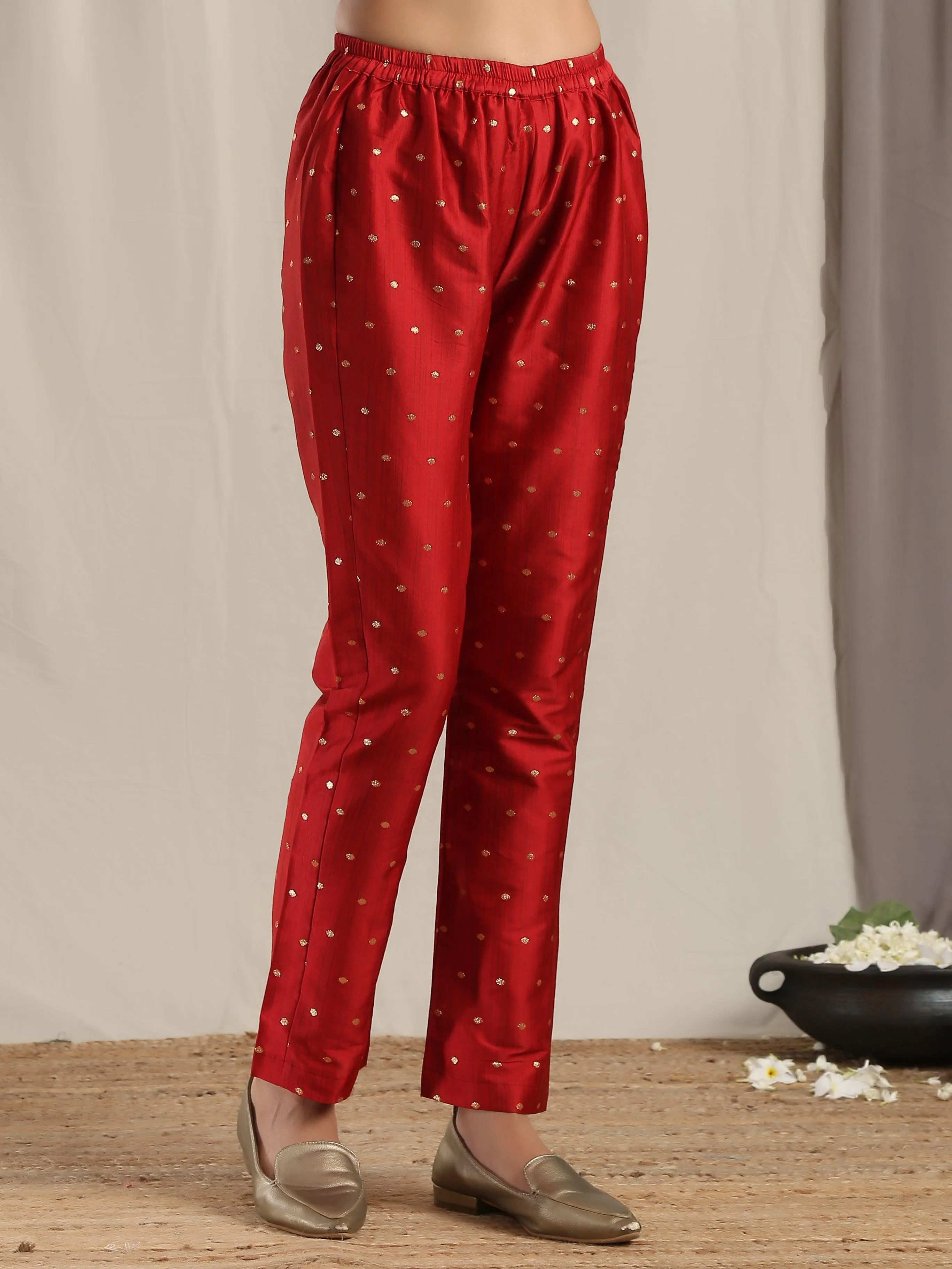 Red Silk Angrakha Kurta Pant Set