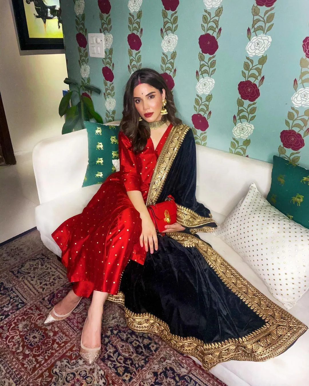 Red Silk Angrakha Kurta Pant Set