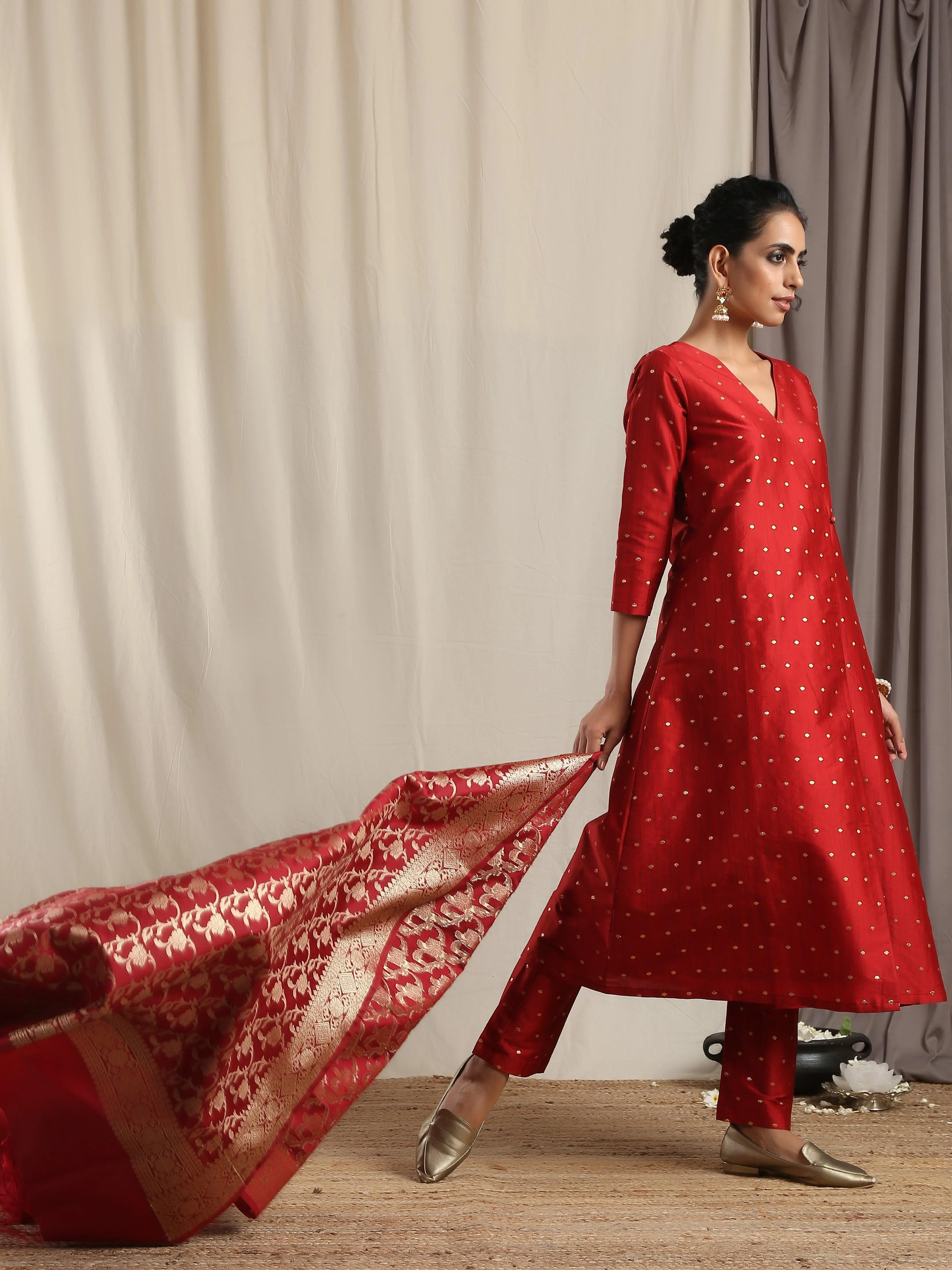 Red Silk Angrakha Kurta Pant Set