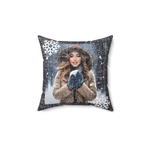 Snowy Bliss: Woman with Snowball Spun Polyester Square Pillow
