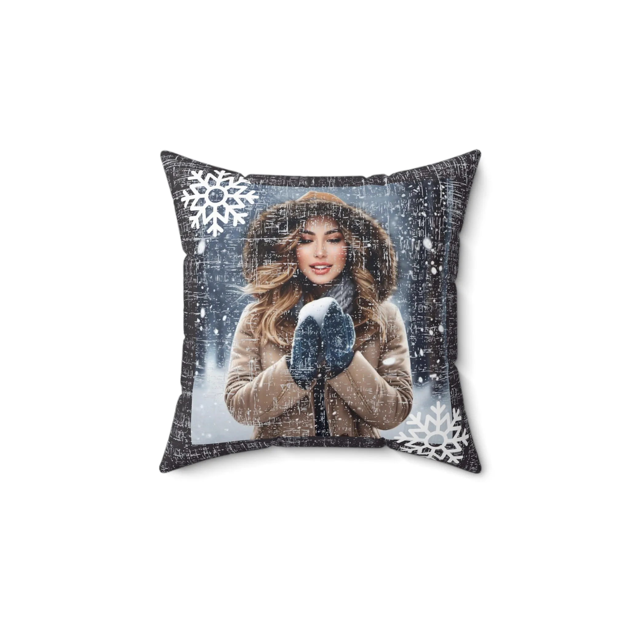 Snowy Bliss: Woman with Snowball Spun Polyester Square Pillow