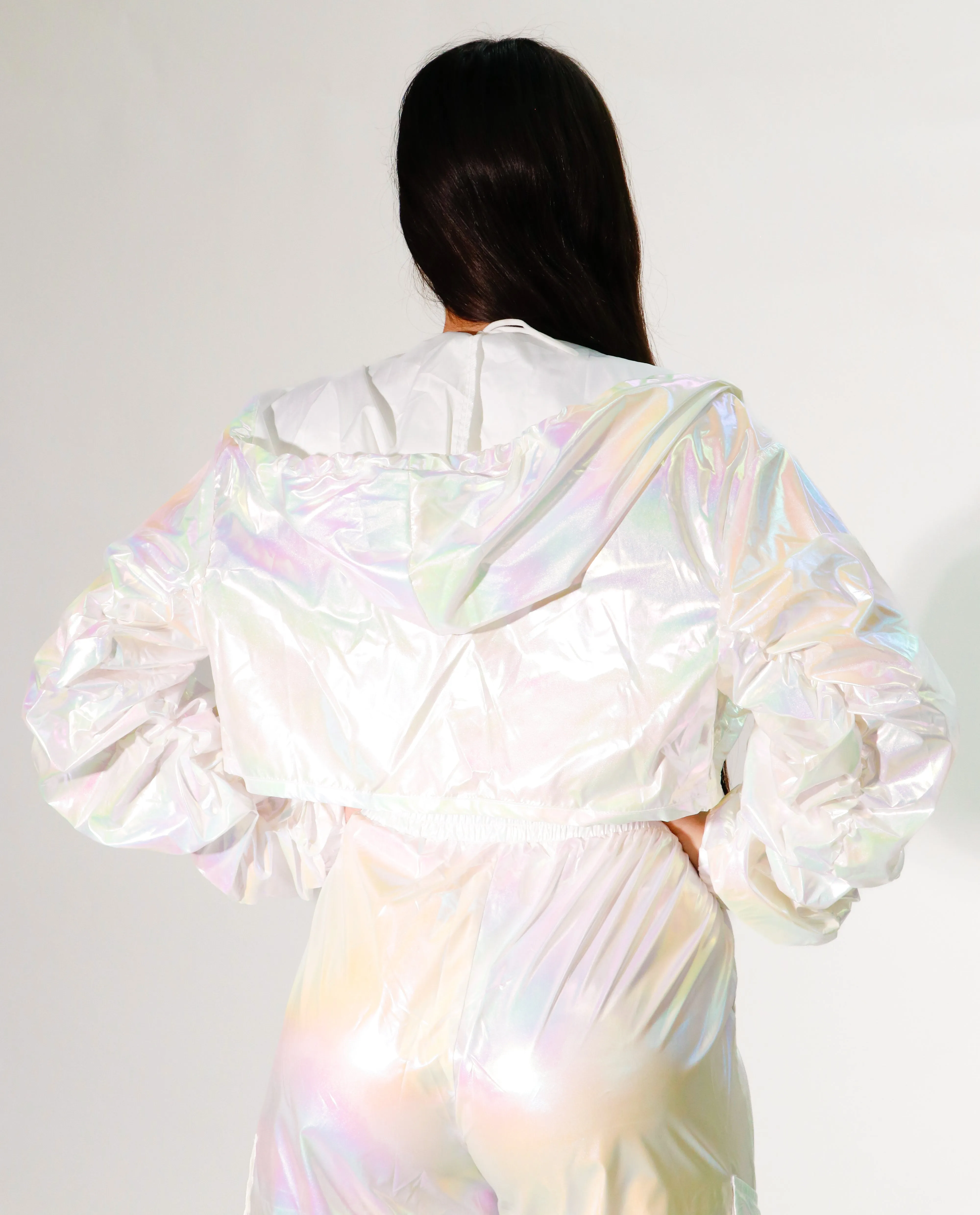 white metallic long pants with short jacket set