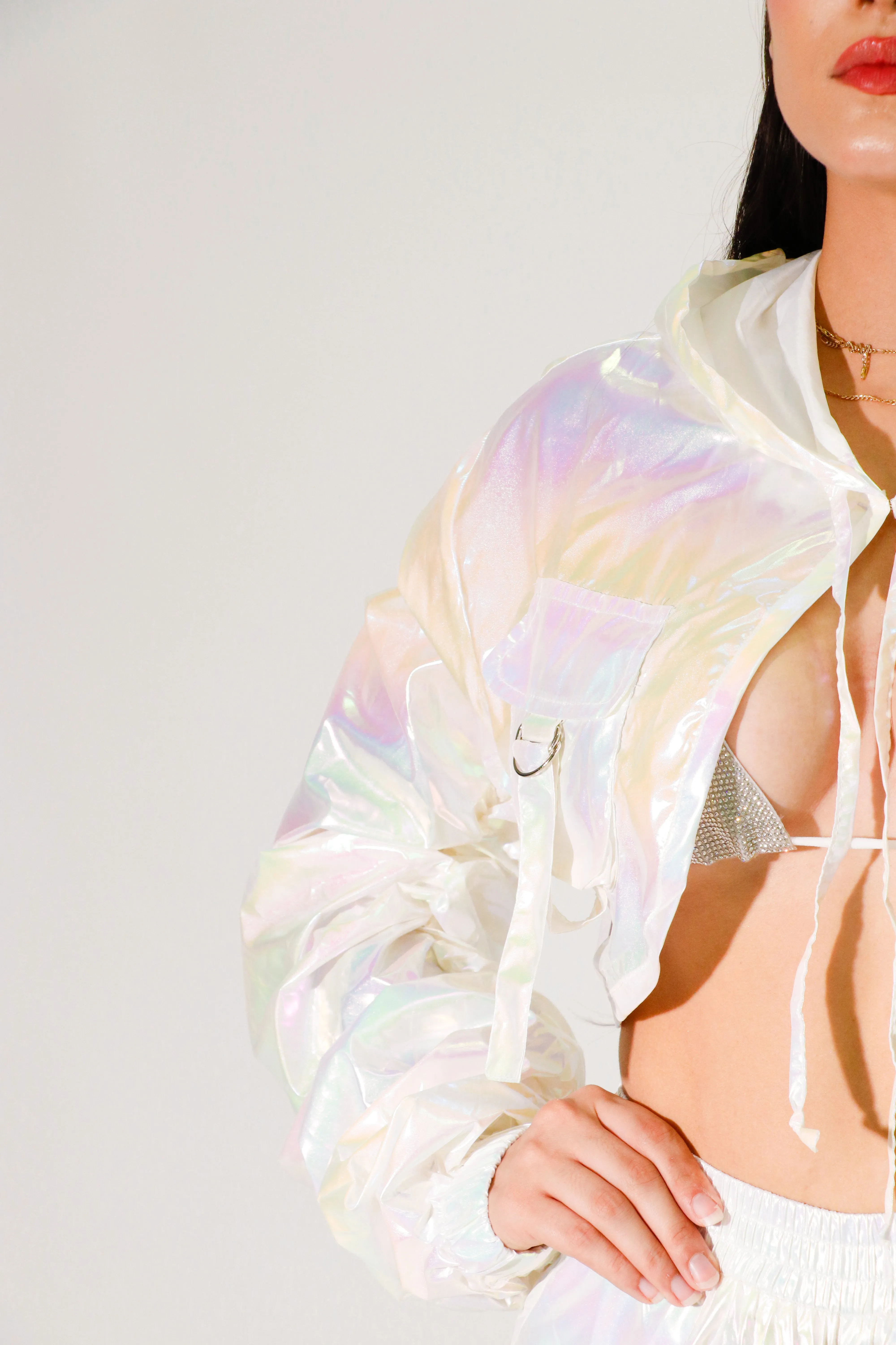 white metallic long pants with short jacket set