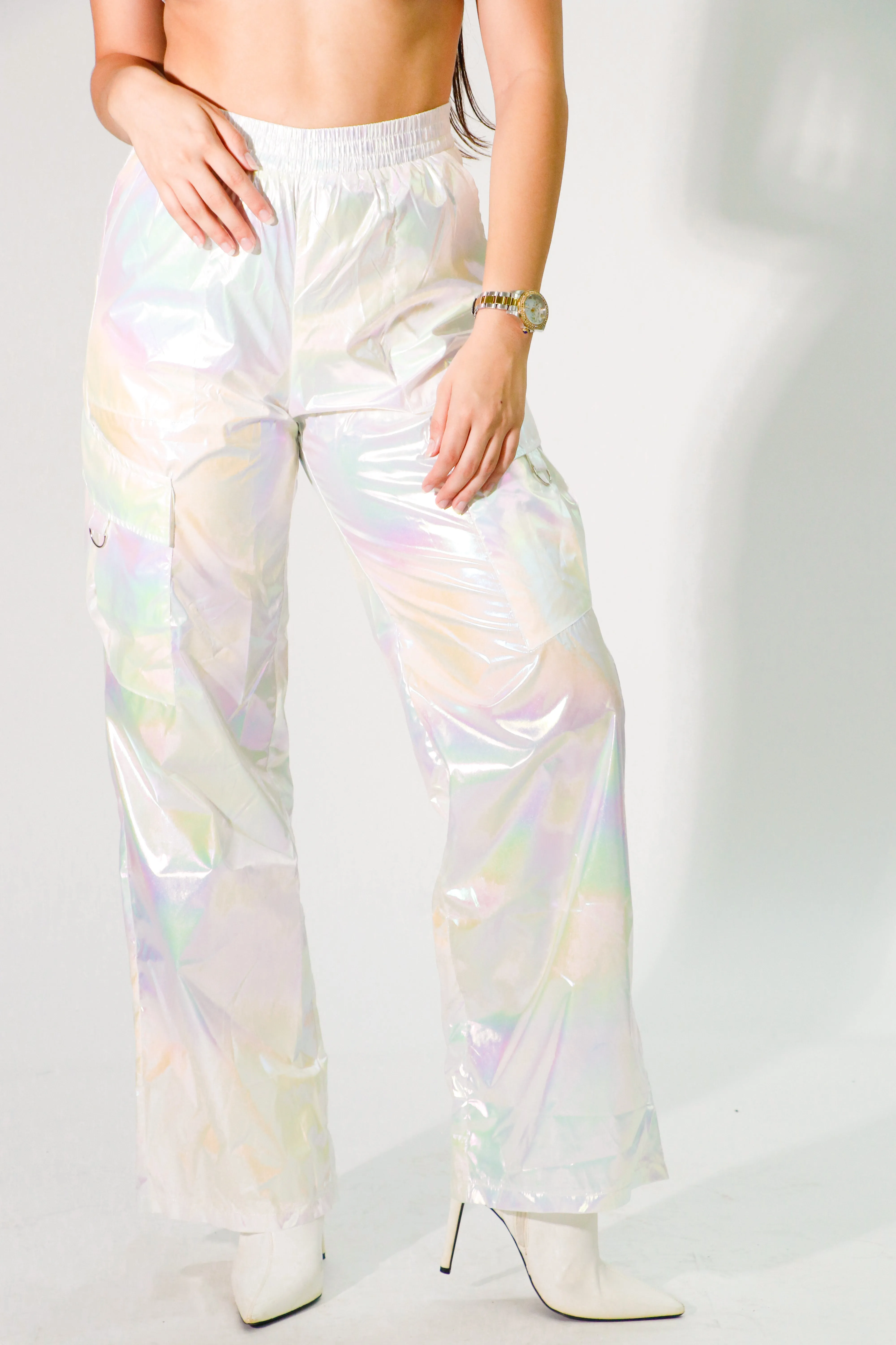white metallic long pants with short jacket set