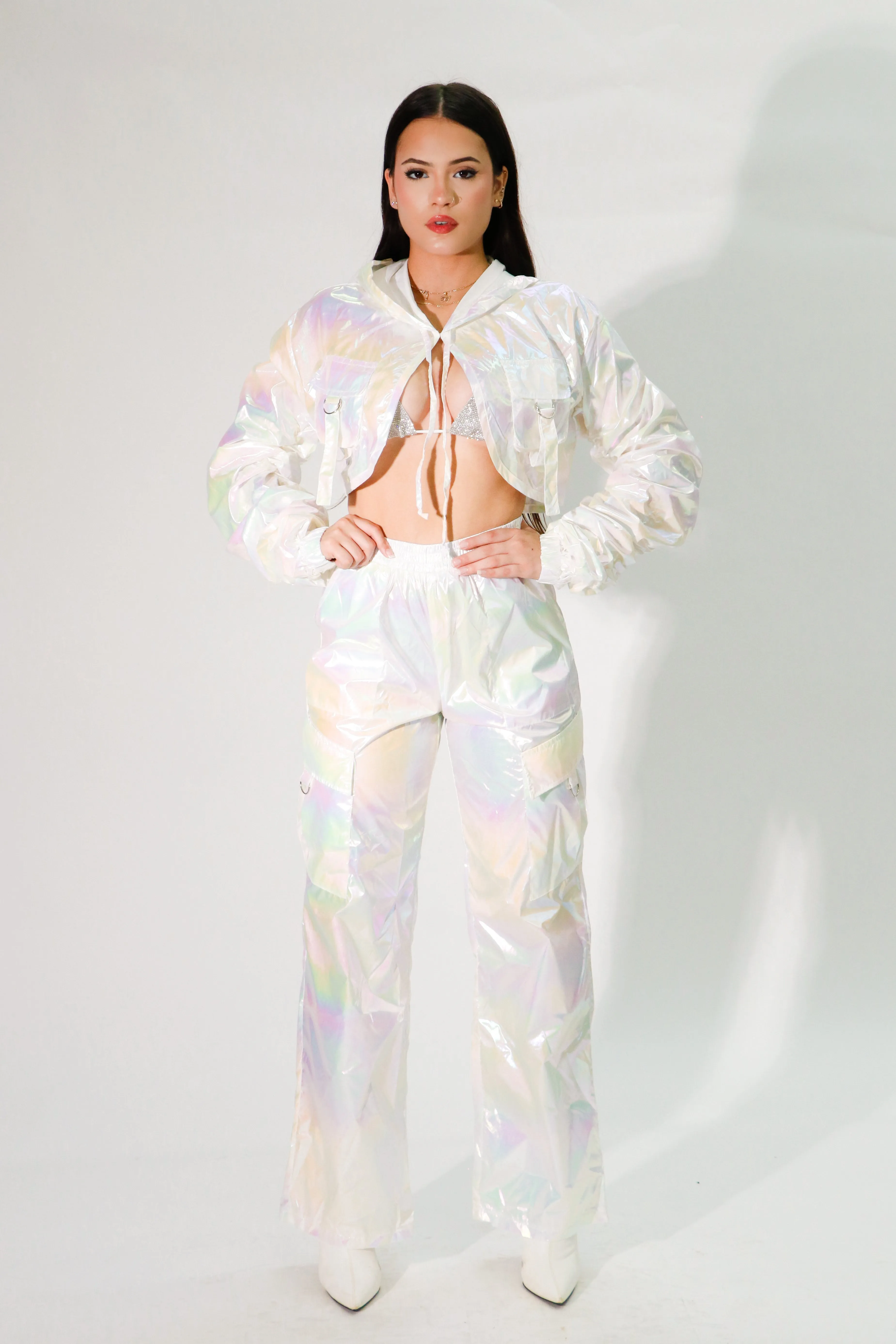 white metallic long pants with short jacket set