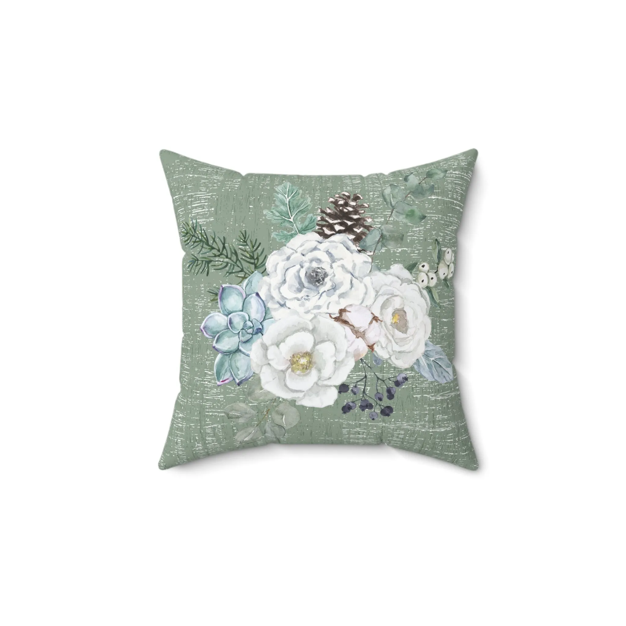 Winter Floral on Neutral Green Spun Polyester Square Pillow