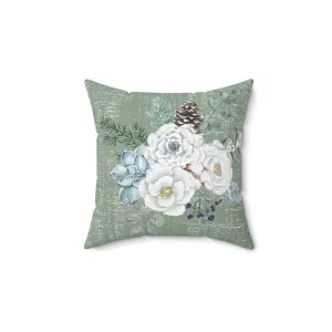 Winter Floral on Neutral Green Spun Polyester Square Pillow